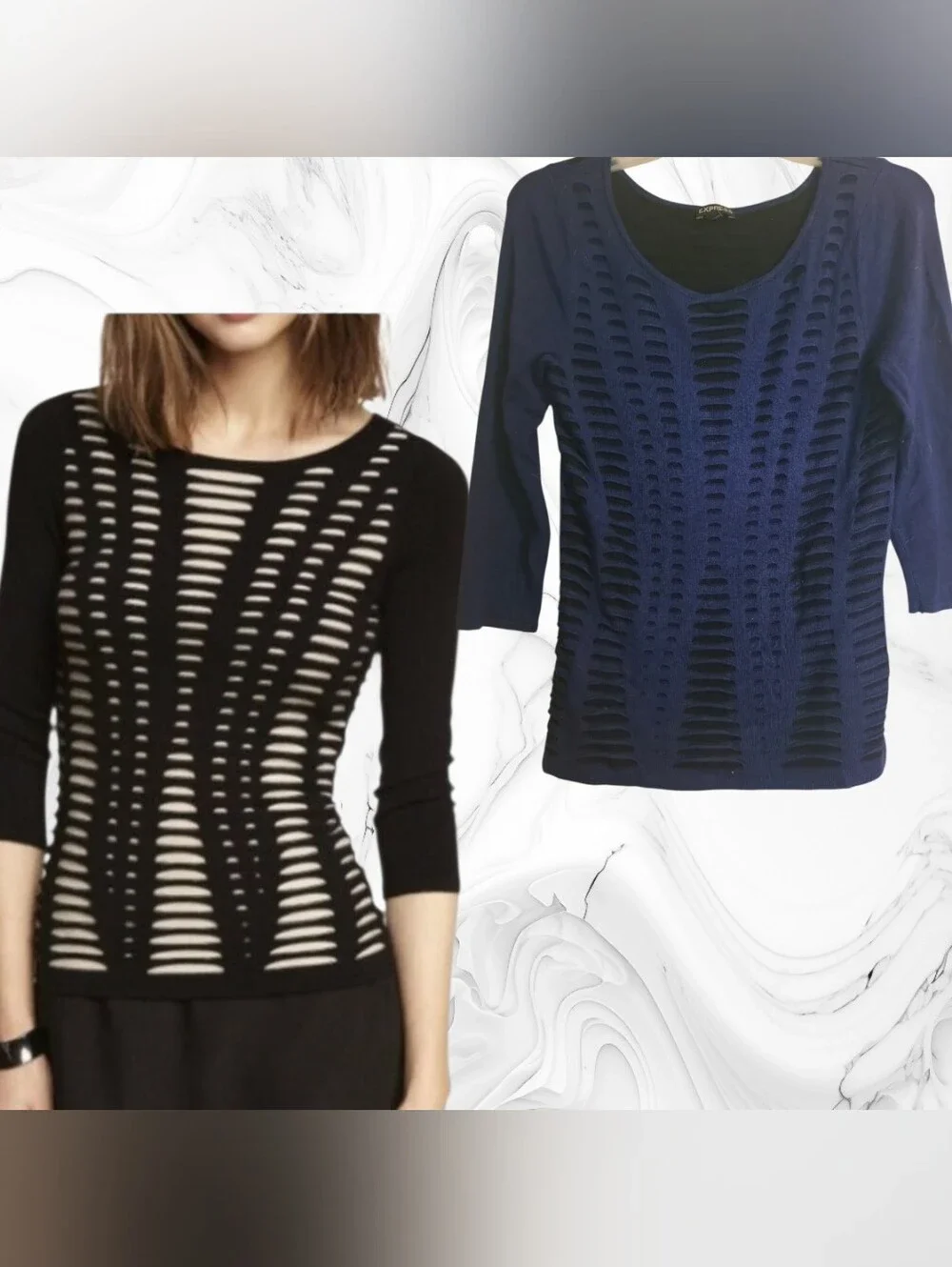 Openwork Scoop-Neck Sweater in Black and Navy - Women